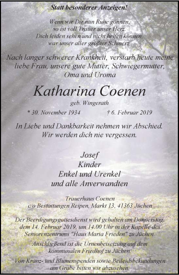 Traueranzeige von Katharina Coenen von trauer.stadt-kurier.de