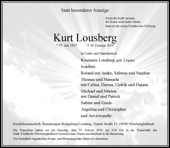 Traueranzeige von Kurt Lousberg von trauer.extra-tipp-moenchengladbach.de