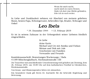 Traueranzeige von Leo Ibels von trauer.extra-tipp-moenchengladbach.de