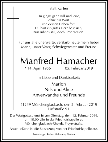 Traueranzeige von Manfred Hamacher von trauer.extra-tipp-moenchengladbach.de