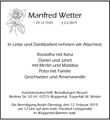 Traueranzeige von Manfred Wetter von trauer.wuppertaler-rundschau.de