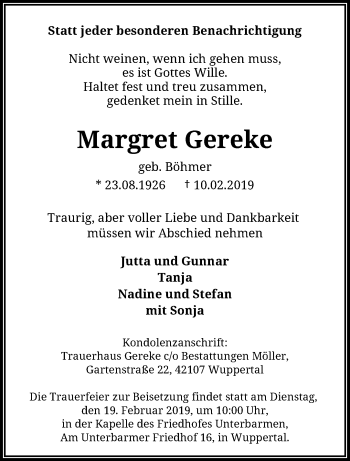 Traueranzeige von Margret Gereke von trauer.wuppertaler-rundschau.de