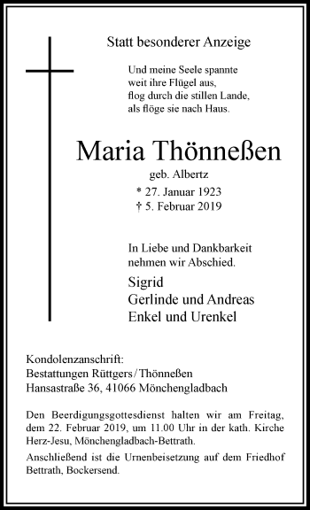 Traueranzeige von Maria Thönneßen von trauer.extra-tipp-moenchengladbach.de