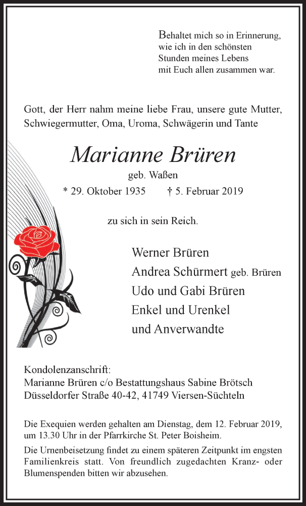  Traueranzeige für Marianne Brüren vom 10.02.2019 aus trauer.extra-tipp-moenchengladbach.de