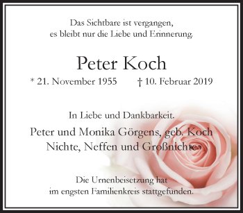 Traueranzeige von Peter Koch von trauer.extra-tipp-moenchengladbach.de