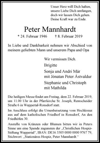 Traueranzeige von Peter Mannhardt von trauer.wuppertaler-rundschau.de