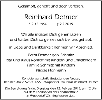 Traueranzeige von Reinhard Detmer von trauer.wuppertaler-rundschau.de
