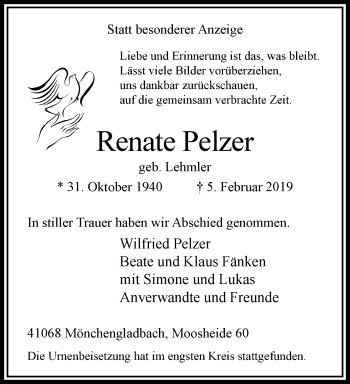 Traueranzeige von Renate Pelzer von trauer.extra-tipp-moenchengladbach.de