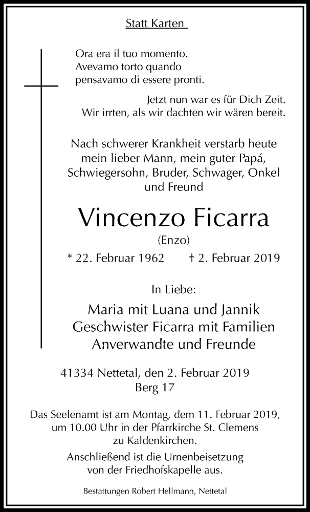  Traueranzeige für Vincenzo Ficarra vom 10.02.2019 aus trauer.extra-tipp-moenchengladbach.de