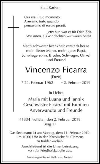 Traueranzeige von Vincenzo Ficarra von trauer.extra-tipp-moenchengladbach.de