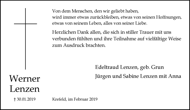  Traueranzeige für Werner Lenzen vom 24.02.2019 aus trauer.mein.krefeld.de