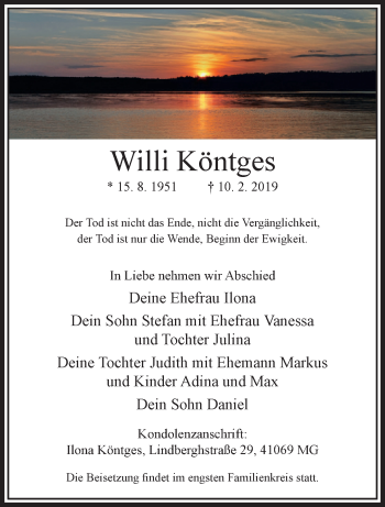Traueranzeige von Willi Köntges von trauer.extra-tipp-moenchengladbach.de