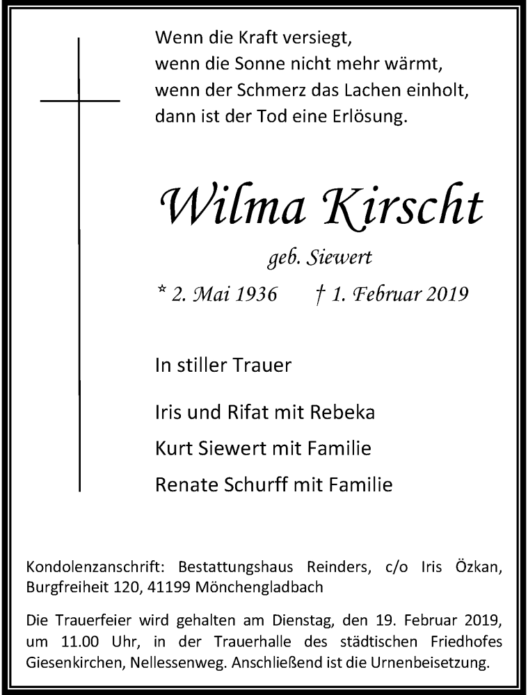  Traueranzeige für Wilma Kirscht vom 10.02.2019 aus trauer.extra-tipp-moenchengladbach.de