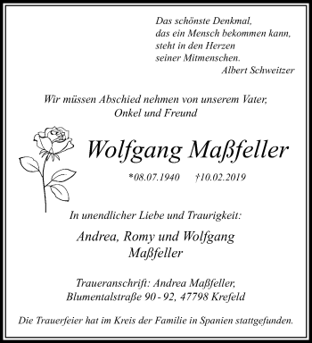 Traueranzeige von Wolfgang Maßfeller von trauer.mein.krefeld.de