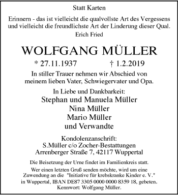Traueranzeige von Wolfgang Müller von trauer.wuppertaler-rundschau.de