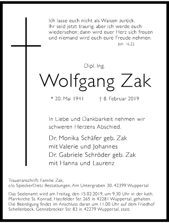 Traueranzeige von Wolfgang Zak von trauer.wuppertaler-rundschau.de