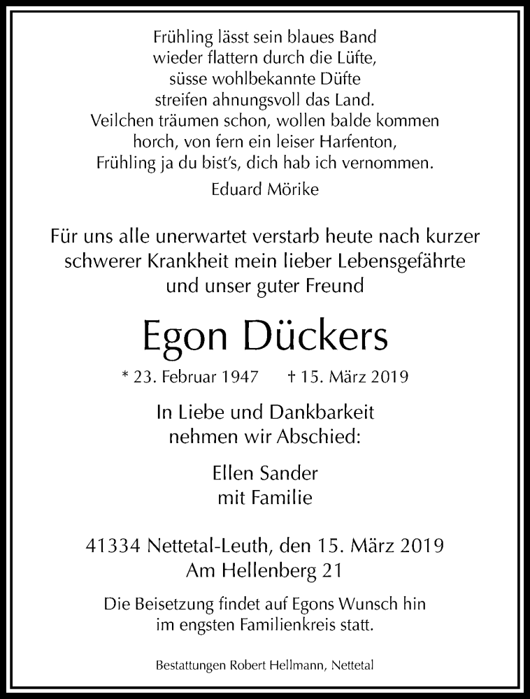  Traueranzeige für Egon Dückers vom 24.03.2019 aus trauer.extra-tipp-moenchengladbach.de