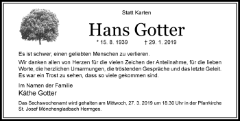 Traueranzeige von Hans Gotter von trauer.extra-tipp-moenchengladbach.de