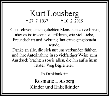 Traueranzeige von Kurt Lousberg von trauer.extra-tipp-moenchengladbach.de
