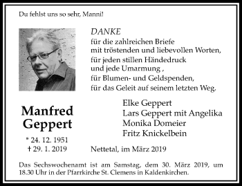 Traueranzeige von Manfred Geppert von trauer.extra-tipp-moenchengladbach.de