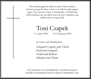 Traueranzeige von Toni Czapek von trauer.extra-tipp-moenchengladbach.de