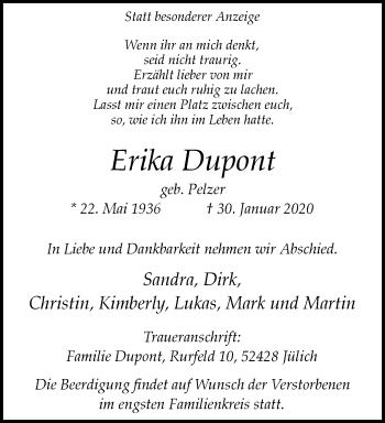 Traueranzeige von Erika Dupont von trauer.extra-tipp-moenchengladbach.de