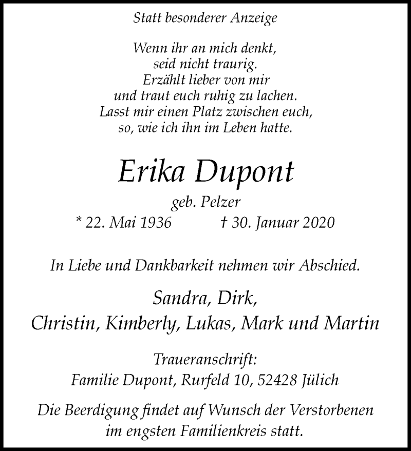  Traueranzeige für Erika Dupont vom 02.02.2020 aus trauer.extra-tipp-moenchengladbach.de