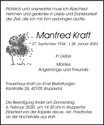 Traueranzeige von Manfred Kraft von trauer.wuppertaler-rundschau.de