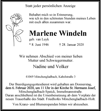Traueranzeige von Marlene Windeln von trauer.extra-tipp-moenchengladbach.de