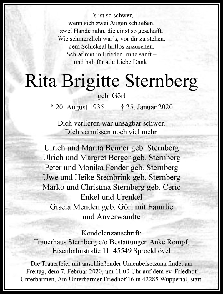  Traueranzeige für Rita Brigitte Sternberg vom 01.02.2020 aus trauer.wuppertaler-rundschau.de
