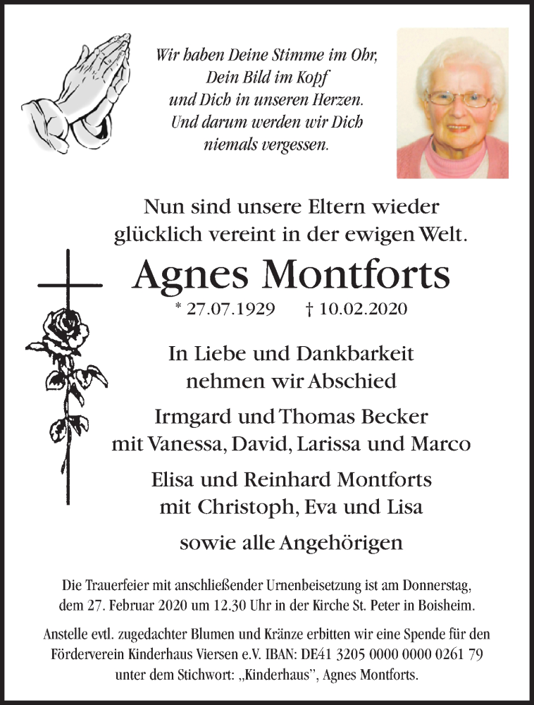 Traueranzeige für Agnes Montforts vom 23.02.2020 aus trauer.extra-tipp-moenchengladbach.de