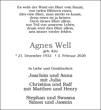 Traueranzeige von Agnes Well von trauer.extra-tipp-moenchengladbach.de