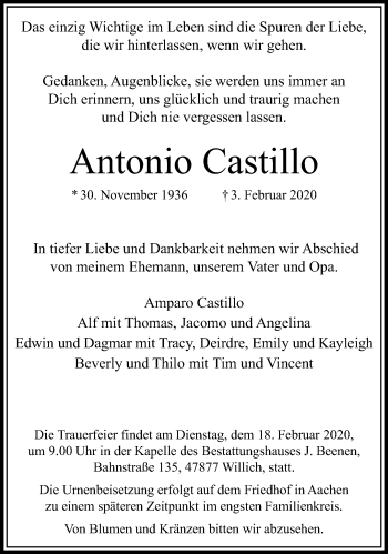 Traueranzeige von Antonio Castillo von trauer.extra-tipp-moenchengladbach.de