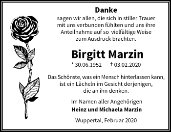 Traueranzeige von Birgitt Marzin von trauer.wuppertaler-rundschau.de