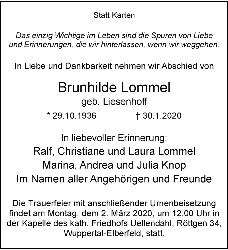  Traueranzeige für Brunhilde Lommel vom 15.02.2020 aus trauer.wuppertaler-rundschau.de