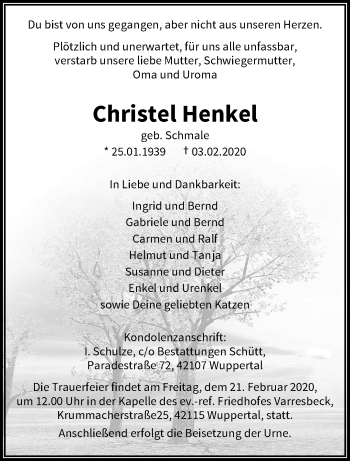 Traueranzeige von Christel Henkel von trauer.wuppertaler-rundschau.de