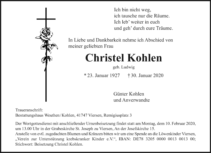  Traueranzeige für Christel Kohlen vom 09.02.2020 aus trauer.extra-tipp-moenchengladbach.de