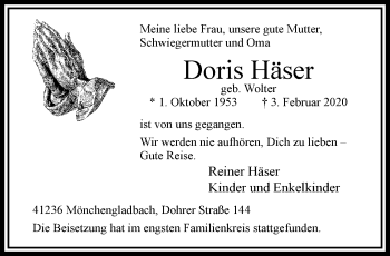 Traueranzeige von Doris Häser von trauer.extra-tipp-moenchengladbach.de