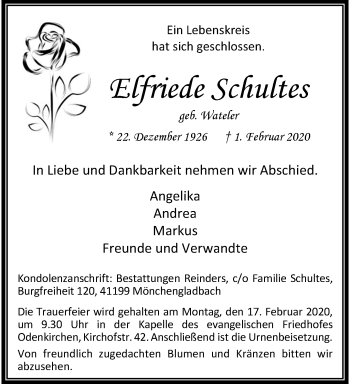 Traueranzeige von Elfriede Schultes von trauer.extra-tipp-moenchengladbach.de