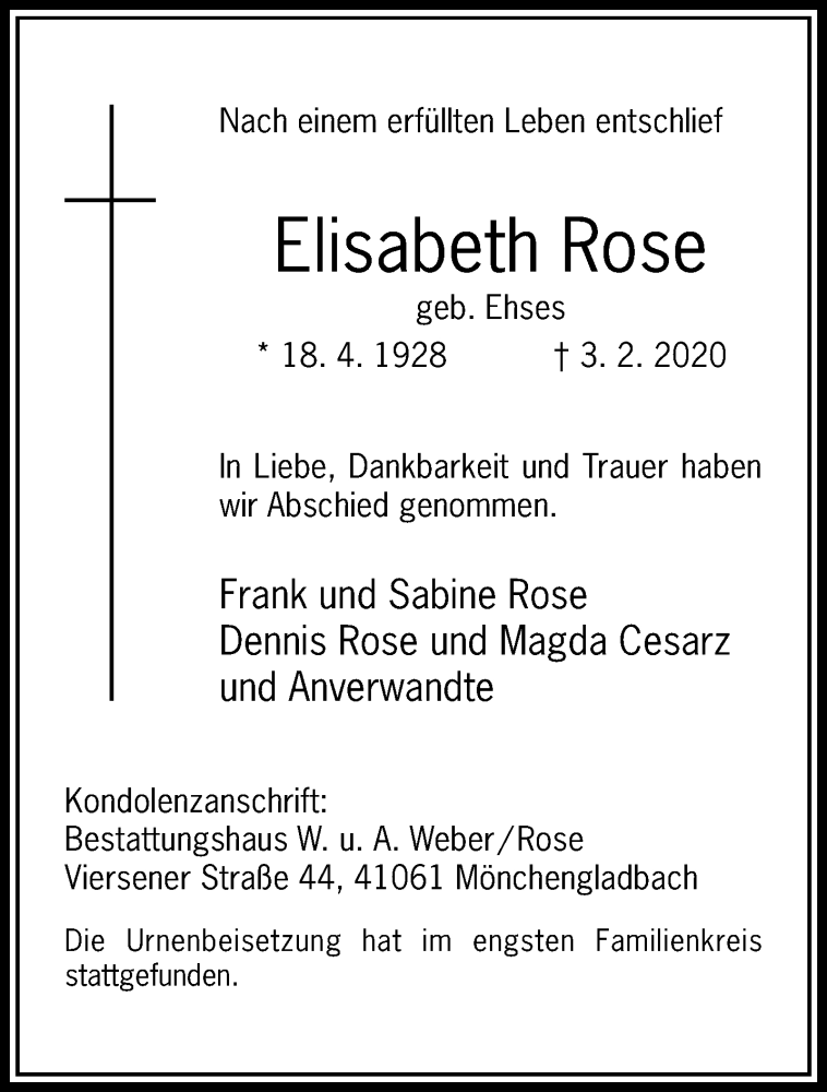  Traueranzeige für Elisabeth Rose vom 08.03.2020 aus trauer.extra-tipp-moenchengladbach.de