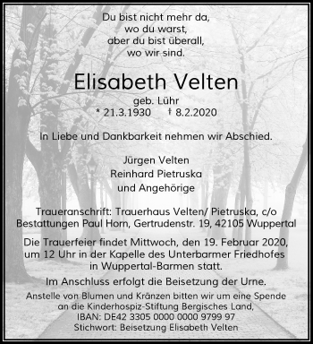 Traueranzeige von Elisabeth Velten von trauer.wuppertaler-rundschau.de