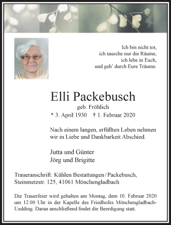 Traueranzeige von Elli Packebusch von trauer.extra-tipp-moenchengladbach.de