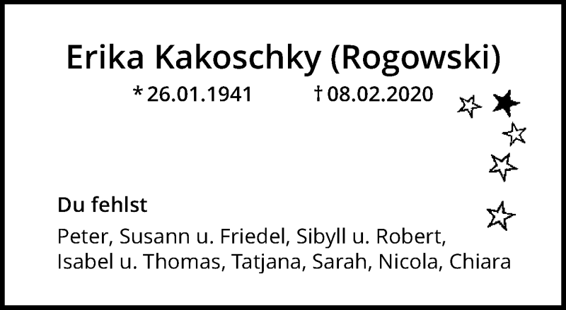  Traueranzeige für Erika Kakoschky vom 16.02.2020 aus trauer.mein.krefeld.de
