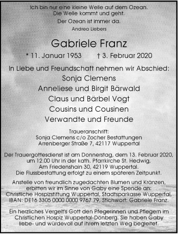 Traueranzeige von Gabriele Franz von trauer.wuppertaler-rundschau.de