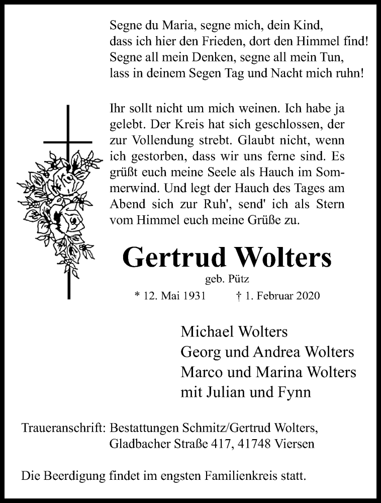  Traueranzeige für Gertrud Wolters vom 09.02.2020 aus trauer.extra-tipp-moenchengladbach.de