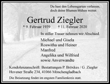 Traueranzeige von Gertrud Ziegler von trauer.extra-tipp-moenchengladbach.de