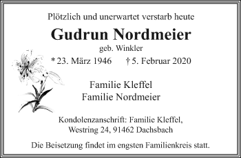 Traueranzeige von Gudrun Nordmeier von trauer.extra-tipp-moenchengladbach.de