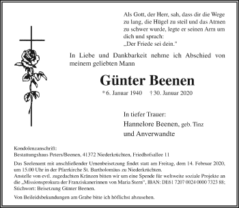 Traueranzeige von Günter Beenen von trauer.extra-tipp-moenchengladbach.de