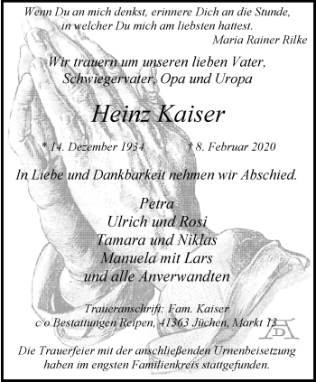 Traueranzeige von Heinz Kaiser von trauer.stadt-kurier.de