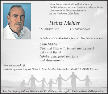 Traueranzeige von Heinz Mehler von trauer.extra-tipp-moenchengladbach.de